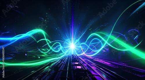 Hypnotic animation of neon energy bursts in shades of blue, green and purple.