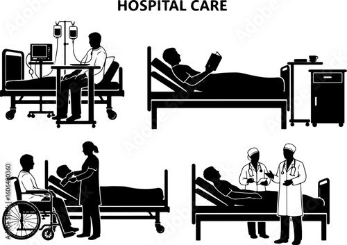 Vector art of hospital care scenes with doctors, nurses, and patients