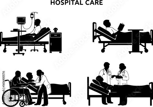 Vector art of hospital care scene with patients and medical staff