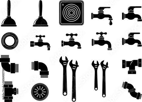Vector art of collection of plumbing tools and fixtures