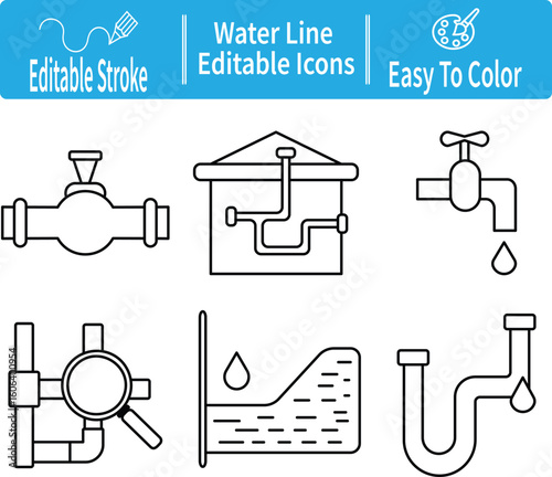 Water line editable stroke icon set showing plumbing, pipes, valves, leaks, inspection, and water systems. Ideal for utility, construction, and environmental projects.