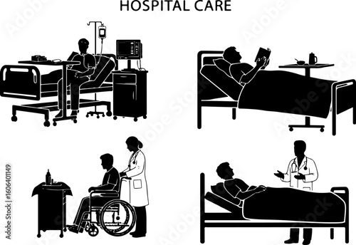 Vector art of hospital care scenes with patients and medical staff