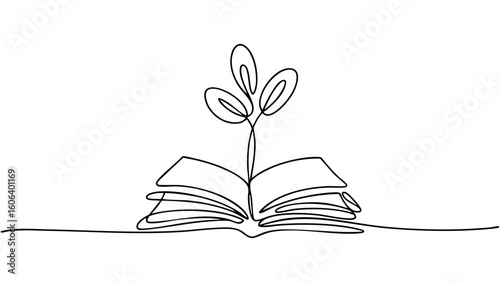 A continuous line drawing vector illustration of a book with a plant growing from it. Simple book vector on a transparent background for education design projects.