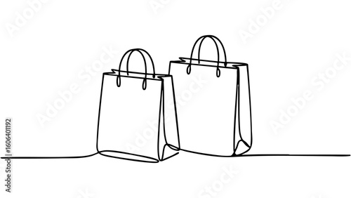 Shopping bags vector illustration in continuous line art style on a transparent background. Retail, commerce, and shopping bag design in single line art.