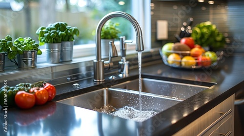 Kitchen sink with running water; herbs and fruit near window on dark countertop, blurred backdrop