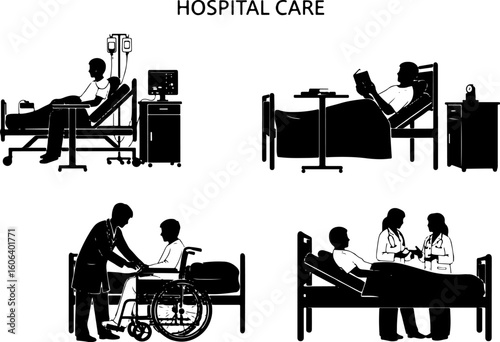 Vector art of hospital care scenes with patients and medical staff