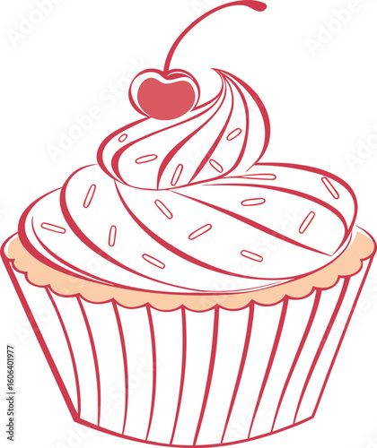 Cartoon cupcake with cherry and sprinkles frosting dessert