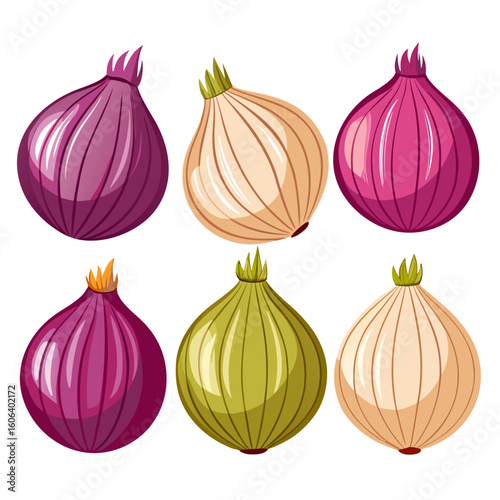 A colorful collection of onion illustrations featuring red white and green varieties showcasing the diversity and freshness of this essential vegetable in a clean graphic