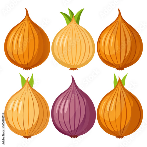 A Collection of Onions Six Cartoon Style Onions in Various Shades of Yellow Orange and Purple Arranged in a Two by Three Grid on a