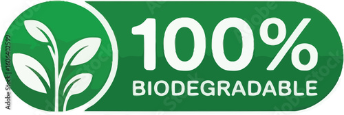 100 Percent Biodegradable Green Rounded Label with Plant, EcoFriendly on White