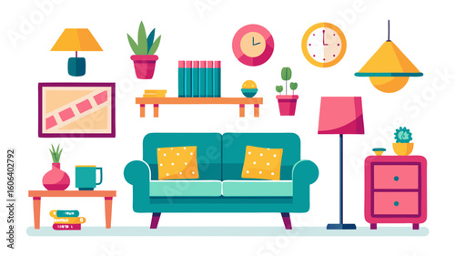 Colorful and Modern Living Room Illustration with Teal Sofa Lamps Clocks Plants and Books Creating a Cozy and Stylish Interior Design Concept on a White