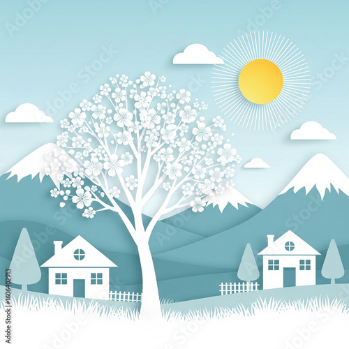 Paper Cut Art Landscape with Blooming Tree, Houses, and Mountains Under a Spring Sun