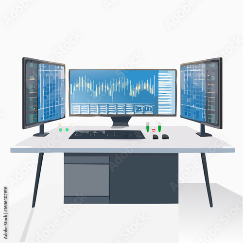 Trading Desk with Multiple Monitors Displaying Financial Data