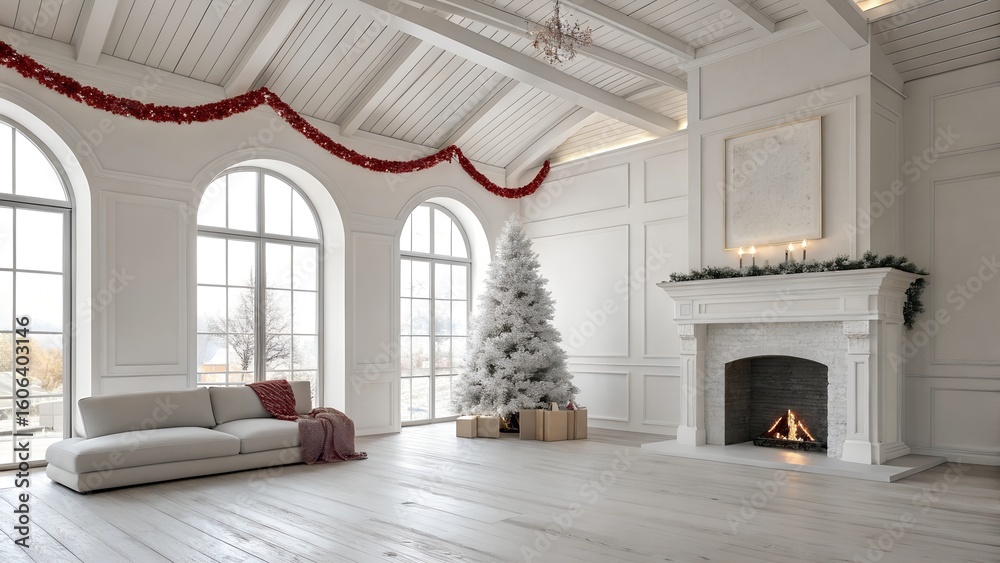 Fototapeta premium Minimalist Living Room with Arched Fireplace and Red Ribbon Garland