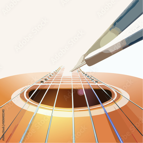 Abstract Perspective of Acoustic Guitar with Plectrum Playing Strings