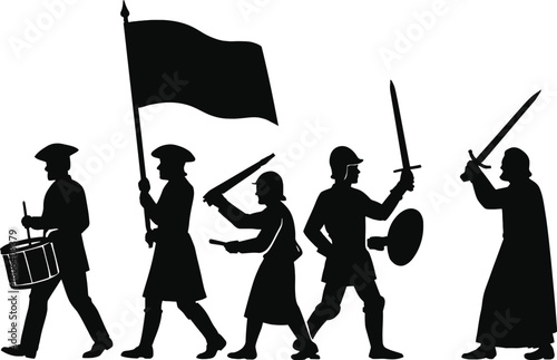 Marching soldiers with flag drum and swords vector