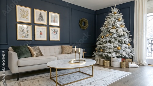 Modern Townhouse Living Room with Blue Wall and Snowy Christmas Tree