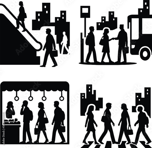People commuting and shopping in urban settings escalator