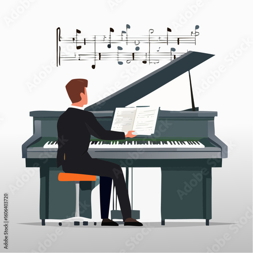 Pianist Playing Grand Piano with Sheet Music