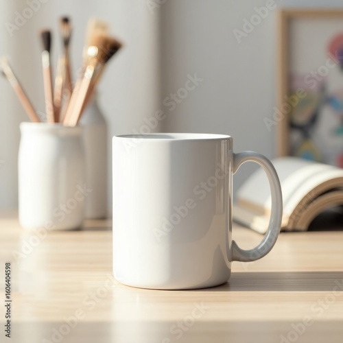 Mug mockup a white mug on a wooden surface with paintbrushes and a book in the background under soft lighting