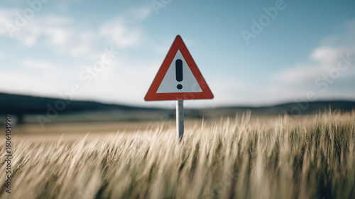 Warning sign with exclamation mark in field under blue sky