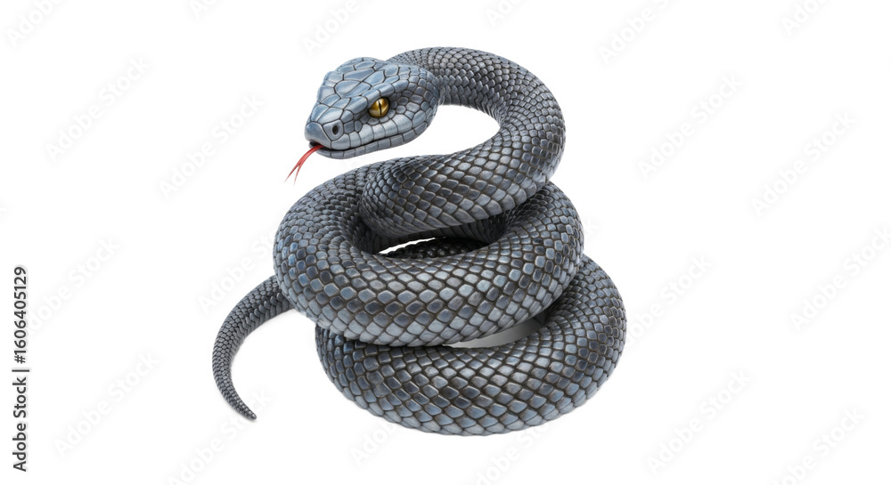 Fototapeta premium A coiled grey snake with yellow eyes and a red tongue, isolated on white background.