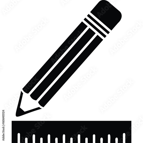 Black Pencil and Ruler Icon: Design, Measurement, Drawing Tool