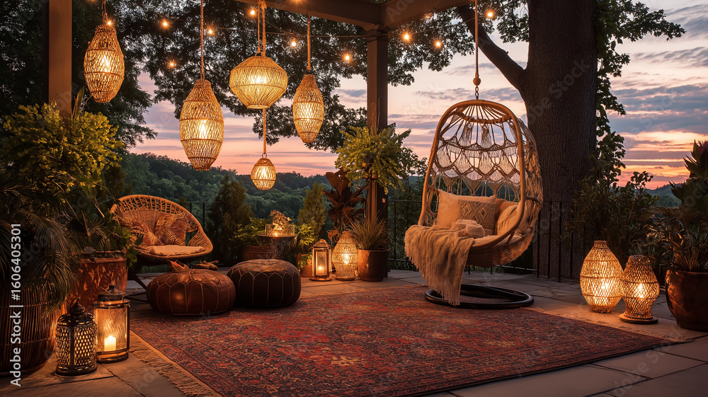 Obraz premium Chill boho terrace with macrame hammock swing, glowing lanterns and soft rug layers, magical twilight sky backdrop, cozy garden hangout vibes