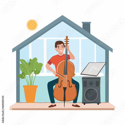 Cheerful Cellist Playing Cello Inside a Home with Music Equipment