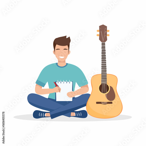 Young Man Writing Lyrics with Acoustic Guitar Illustration