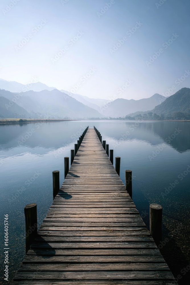 Fototapeta premium Calm wooden pier extends into a still lake, reflecting hazy mountains