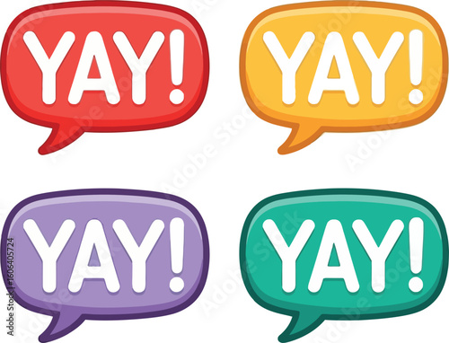 Cartoon Speech Bubbles with Yay! In Red, Yellow, Purple, and Green on White Background