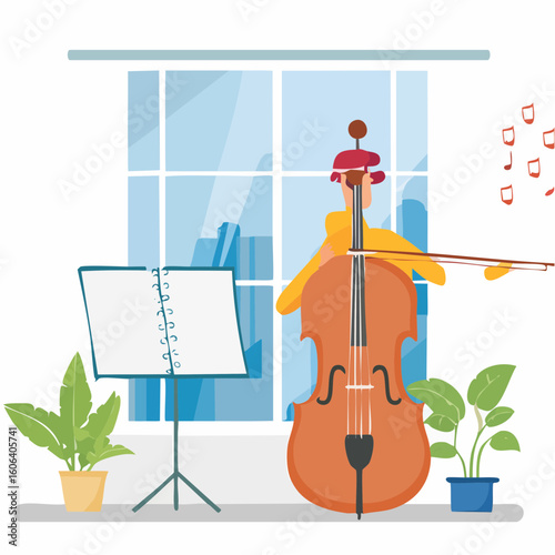Cellist Performing Music at Home with Plants and Music Stand