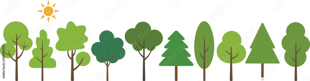Fototapeta premium Cartoon Trees Collection With Different Tree Shapes And A Bright Yellow Sun