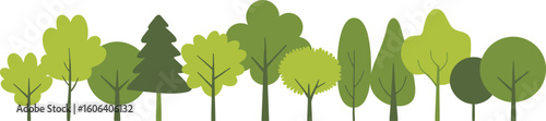 Cartoon Trees Seamless Border with Green Foliage on White Background, Row of Trees