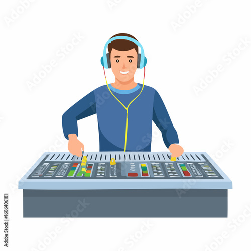 Cartoon sound engineer operating audio mixing console with headphones