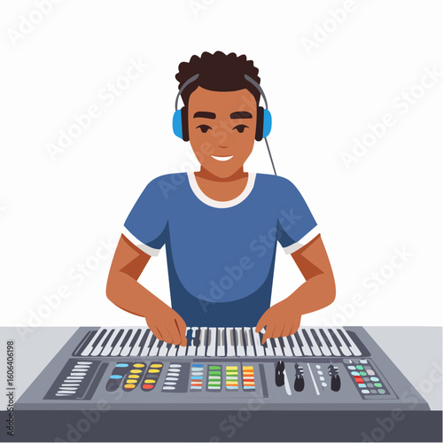 Young Male Music Producer Working on Audio Mixer