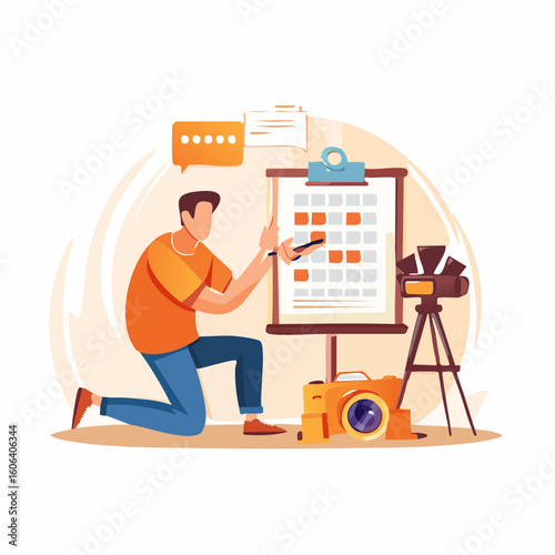 Photographer planning a photoshoot schedule with camera equipment illustration