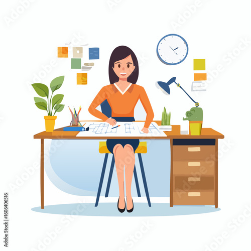 Architect Working on Blueprints at Her Modern Office Desk