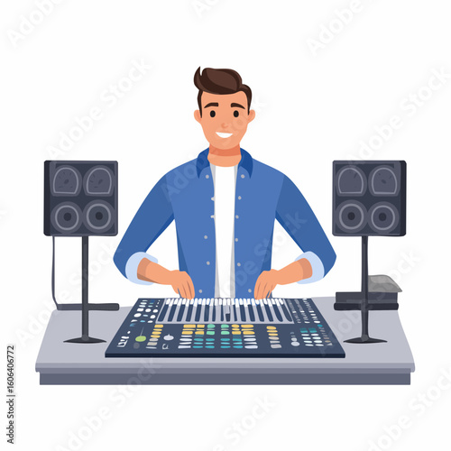 Music Producer Working in Studio with Sound Mixer and Speakers