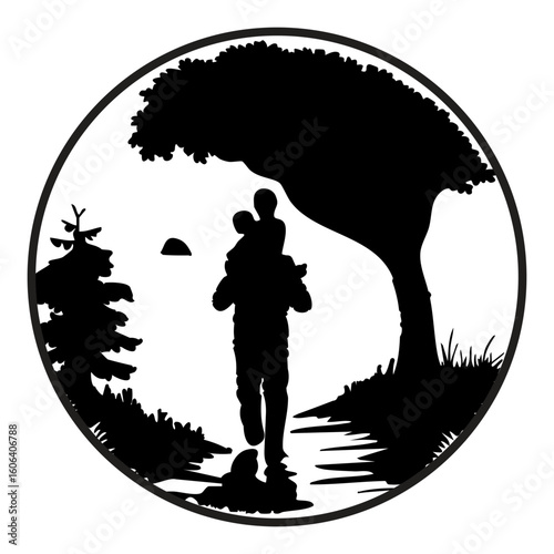 Father carrying child on shoulders walking on path through nature scene silhouette