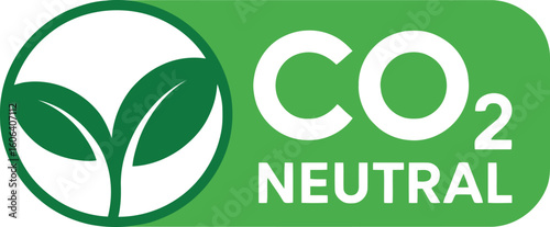 CO2 Neutral Symbol with Green Leaves, Rounded Rectangle Shape Over White Background