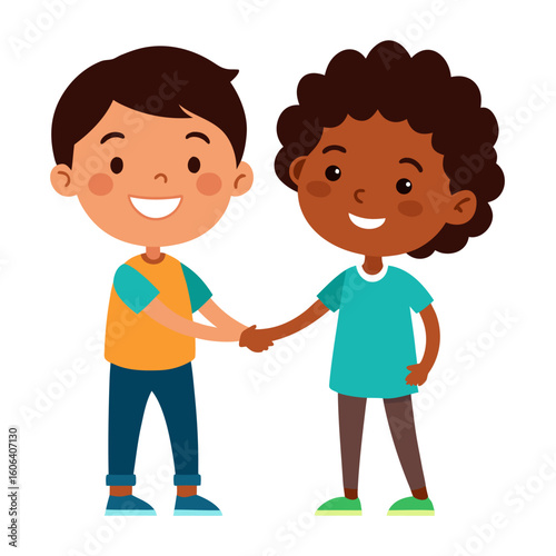Two happy African American kids shaking hands and smiling vector on white background.