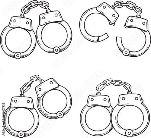 Hand drawn style Hand Cuff silhouette set isolated on transparent background