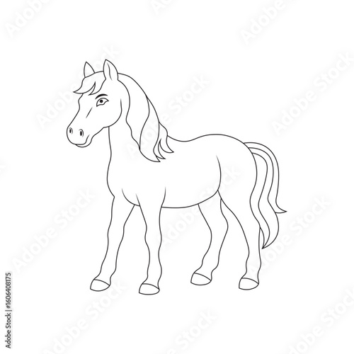 a graceful horse outline with flowing mane and tail standing in relaxed pose, perfect for coloring pages or design projects on white background