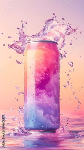 Fizzy Drink Can Splashed With Refreshing Water Against a Gradient Peach Background