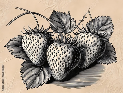 Vintage botanical illustration of strawberries on a stem with leaves in detailed black ink style, perfect for nature-inspired designs, retro art prints, and classic backgrounds

