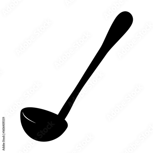 Single black silhouette image of a soup ladle on a white background