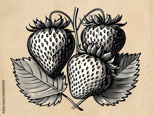 Vintage botanical illustration of strawberries on a stem with leaves in detailed black ink style, perfect for nature-inspired designs, retro art prints, and classic backgrounds

