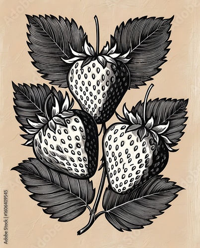 Vintage botanical illustration of strawberries on a stem with leaves in detailed black ink style, perfect for nature-inspired designs, retro art prints, and classic backgrounds

